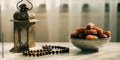 Ramadan still life with a traditional lantern, a string of prayer beads (tasbih), and a bowl of dates, arranged on a clean surface, soft warm lighting, peaceful Islamic holiday concept.