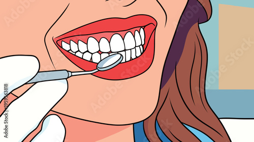 Dental checkup shows a person smiling with bright white teeth and a dentist's tool in hand at a clinic in daytime