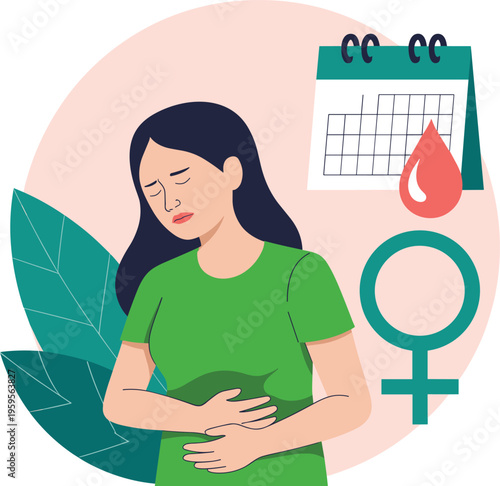 Woman suffering from menstrual cramps and abdominal pain with calendar icon, female symbol, and blood drop for period tracking illustration. (21 words)