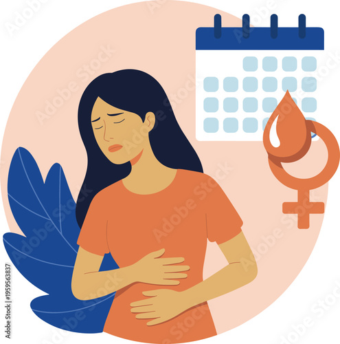 Woman feeling abdominal pain during menstrual cycle illustration with calendar, female symbol, and blood drop icon for healthcare and wellness. (21 words)