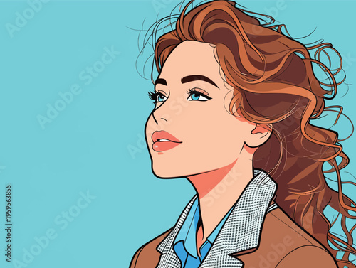 Woman with curly hair looks up against a blue background while wearing a brown jacket and blue shirt