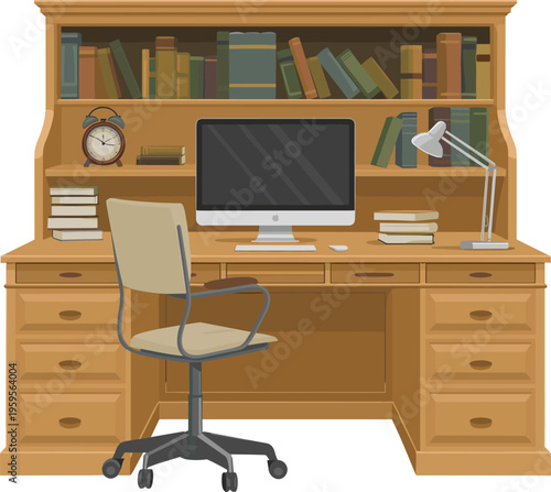 Classic wooden desk with computer monitor and bookshelves, home office furniture illustration with hutch, desk chair, books, and desk lamp. (21 words)