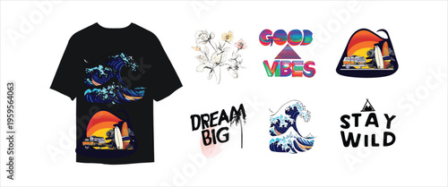 Versatile vector graphic collection featuring diverse themes like ocean waves, positive messages, nature, and adventure for apparel and digital design