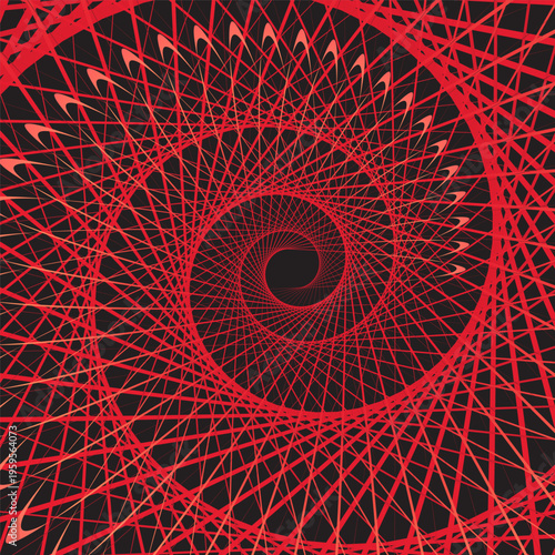 Dynamic abstract spiral pattern in red and orange tones on black background, ideal for digital art, backgrounds, or sci-fi themes.