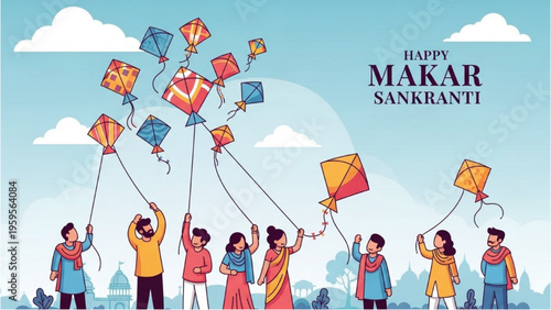 People flying colorful kites in the sky on Makar Sankranti festival