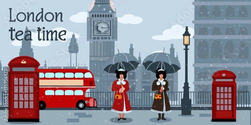 London scene featuring big ben red buses and women with umbrellas