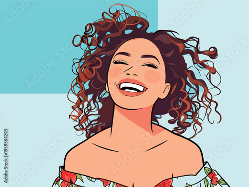 Woman with curly hair smiles brightly in a colorful outfit against a light backdrop during a sunny day