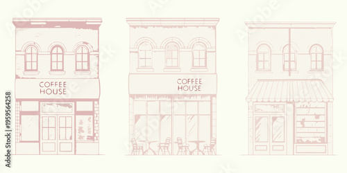 A row of vintage coffee houses with detailed sketch style illustrations