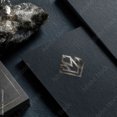 Elegant black business cards with embossed logo, textured background featuring a rock