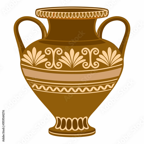 An ancient greek amphora vase with ornate decorative patterns shown in brown