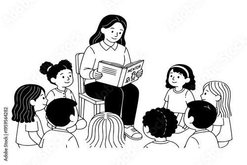 Mentor Reading Book to Children Orphanage Education Literacy Charity Support Black Vector Silhouette