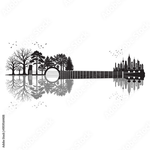 Guitar Silhouette with City Skyline Design.