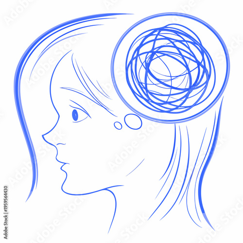 A woman s profile with a swirling chaotic thought bubble above her head