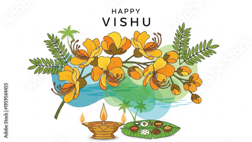 Vishu celebration with flowers, diya, and traditional food on a plate