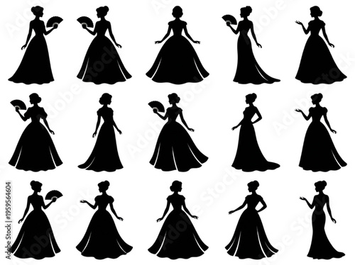 A graceful collection of elegant women silhouettes in traditional gowns, posing with fans, capturing the essence of historical fashion and timeless feminine charm, ideal for decorative design