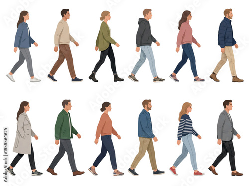 A collection of diverse individuals standing and sitting in casual attire, illustrating various poses and body types for design and artistic purposes