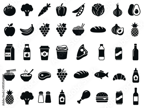 Diverse Collection of Food and Drink Icons Representing Everyday Groceries and Culinary Staples for Modern Digital Design and Nutritional Themes
