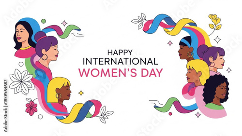 International Women's Day celebration with diverse women and colorful ribbons