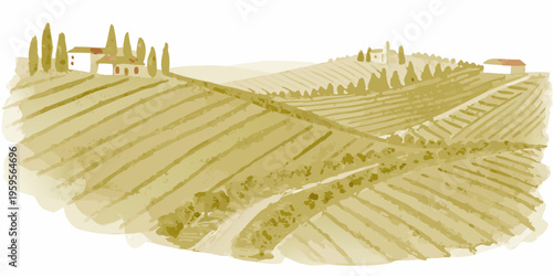 Rolling hills and cypress trees depict a serene tuscan landscape painting