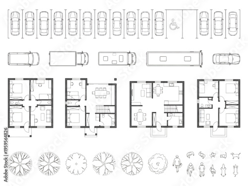 Comprehensive Set of Architectural Design Elements Floor Plans, Vehicles, and Landscape Features for Urban Planning and Blueprint Layouts