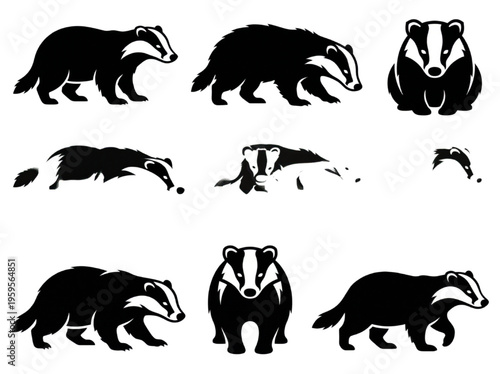 Fotografía Diverse Collection of Stylized Black Badger Silhouettes in Various Poses, Ideal