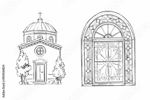 Sketch of an orthodox church and ornate arched doorway detail