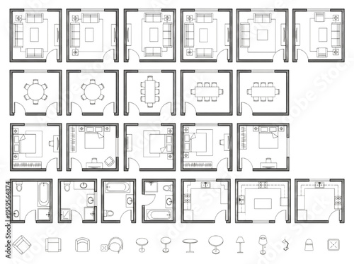 Collection of interior design floor plan layouts for houses, apartments, and rooms, featuring furniture and architectural elements