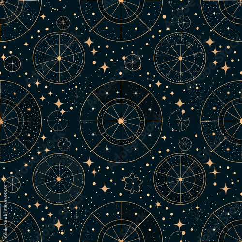 Intricate celestial pattern featuring golden astronomical instruments on dark blue