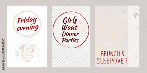 Three social media story templates with text and simple illustrations