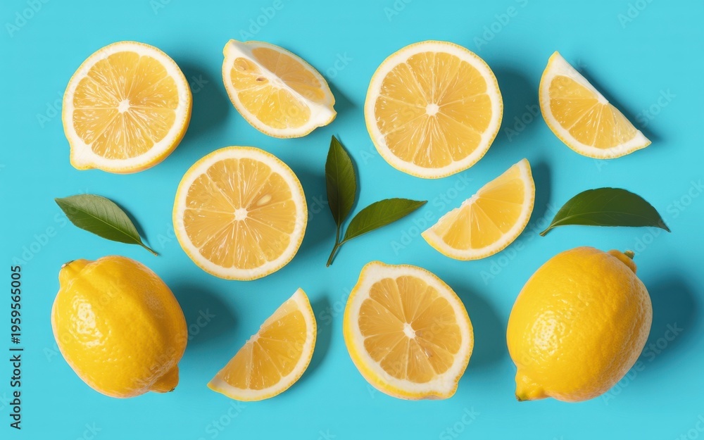 Fototapeta premium Lemons and lemon slices arranged on a blue surface with green leaves