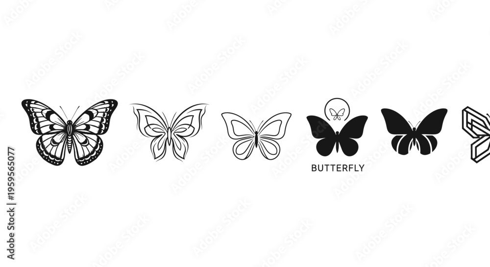 Obraz premium Diverse collection of butterfly vector icons, featuring various styles from intricate to minimalist designs