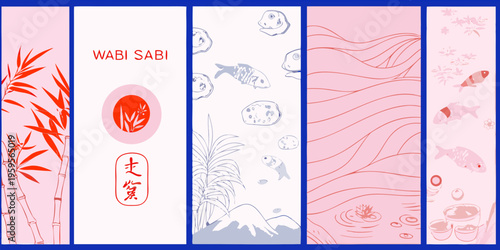 Fotografie A series of pink and blue panels featuring japanese motifs and designs
