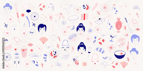 A playful arrangement of japanese inspired illustrations in blue and pink