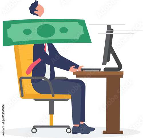 Professional man working at a desk with eyes covered by cash money