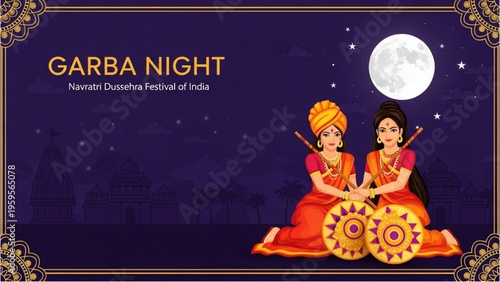 People in traditional attire celebrate Garba Night with drums under the moon.