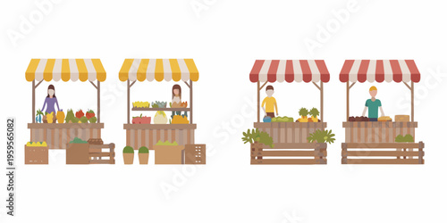 Colorful farmers market stalls with vendors and fresh produce on display