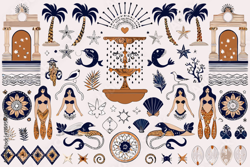 Bohemian summer illustration featuring mermaids fountains and tropical elements