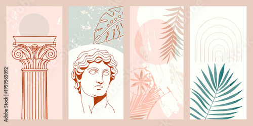 Aesthetic collage featuring classical busts columns and tropical foliage