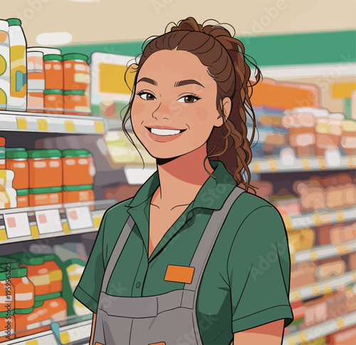 Young woman smiling in grocery store aisle with colorful products on shelves during daytime shopping hours
