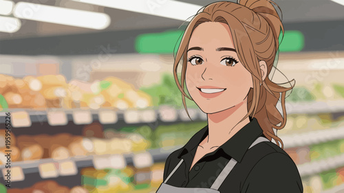 Smiling store worker stands in a grocery aisle with fresh produce behind her in a busy market during daytime
