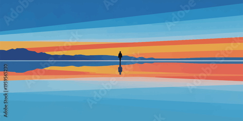 Person stands in large open space with colorful sunset reflections over water in vast landscape