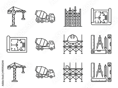 Construction Building Icons Vector Graphics Set Architecture Industry Building Materials Engineering Equipment Tools Symbols