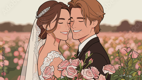 Couple shares a joyful moment in a rose field during their wedding ceremony in springtime