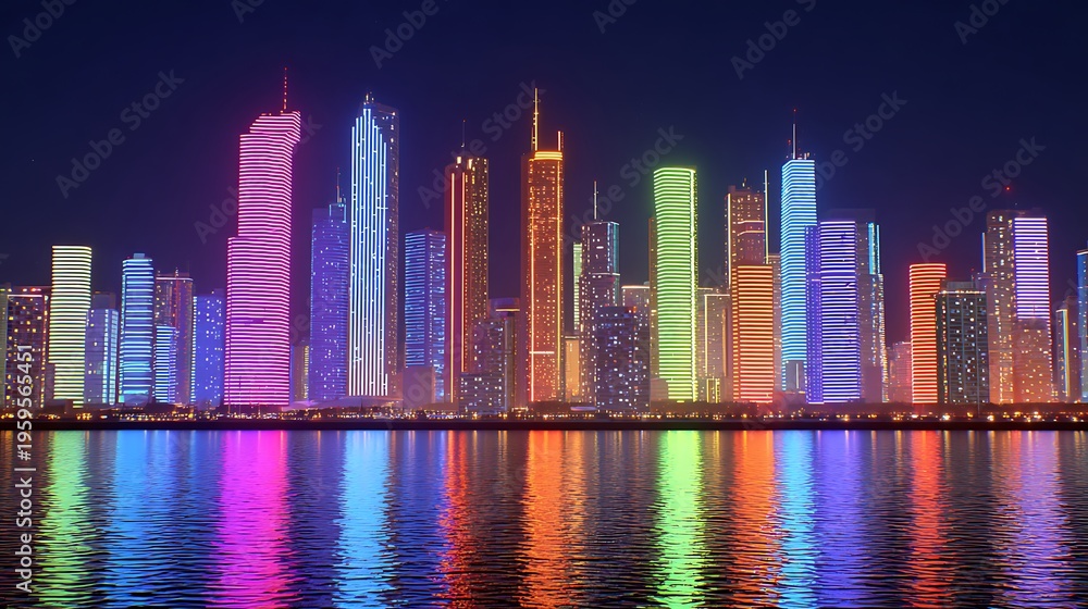Fototapeta premium Colorful illuminated skyscrapers reflecting on calm water surface at night city skyline view