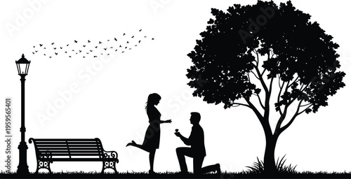 Black Silhouette of Man Proposing to Woman in Park with Tree Bench and Street Lamp Isolated on White Background for Marriage Engagement Concept