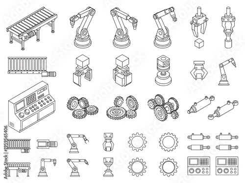Collection of industrial robotics and machinery components, showcasing automation and manufacturing elements