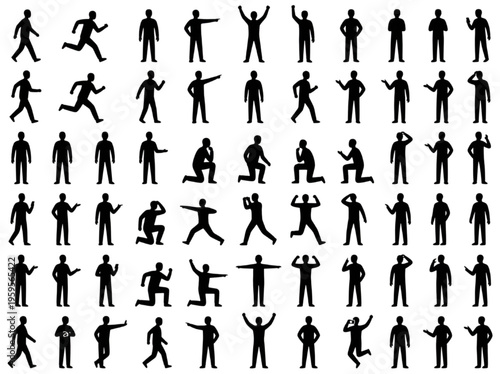 Extensive graphic set featuring numerous black silhouettes of men in diverse active and static poses, perfect for icon design, infographic elements, and general illustrative purposes