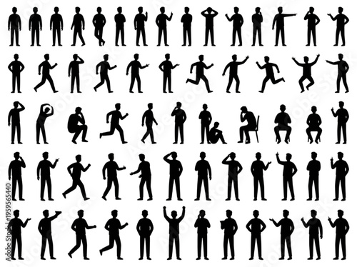 Extensive collection of modern human silhouettes, featuring diverse poses and dynamic actions, perfect for illustrating various aspects of human activity and interaction in design