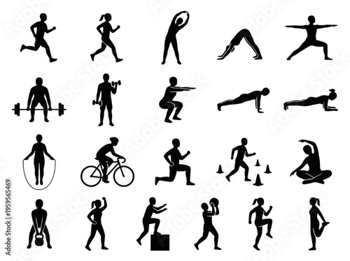 A comprehensive collection of diverse black silhouettes illustrating various fitness activities, exercise routines, and sports for a healthy and active lifestyle on a clean white background