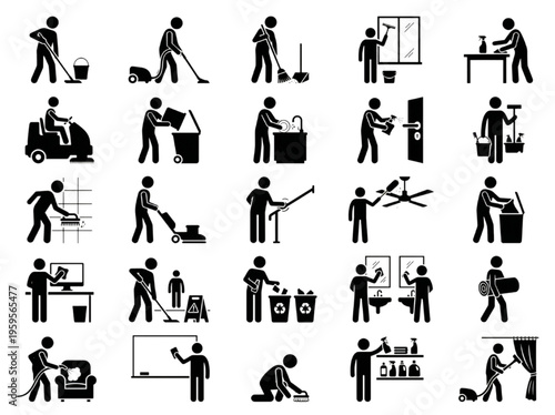 Collection of stylized pictograms representing various household chores and cleaning activities, depicting common domestic tasks and upkeep